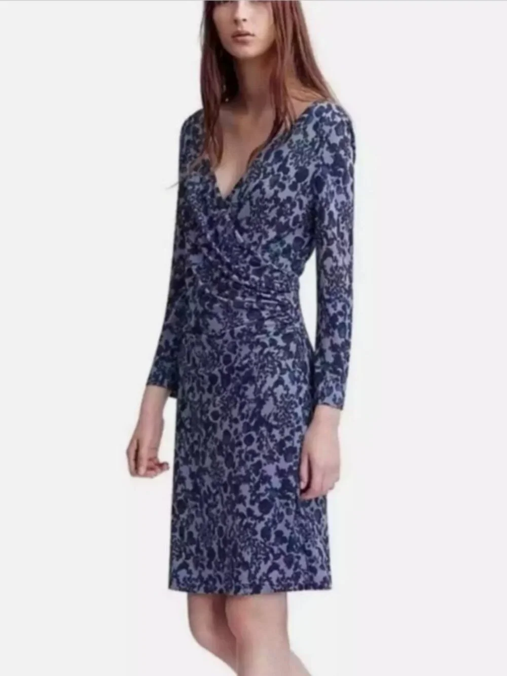 Tory Burch Michele Floral Dress Periwinkle Blue Faux Wrap Ruched V-Neck Small